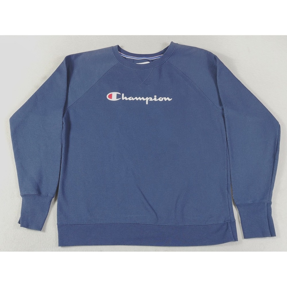 Champion Sweatshirt Mens Large Blue Fleece Crewneck Script Logo Athletic Casual